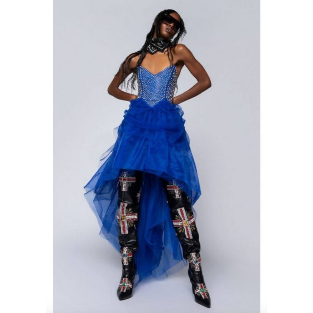 NWOT Akira strapless She is Royalty studded blue layered tulle dress size S